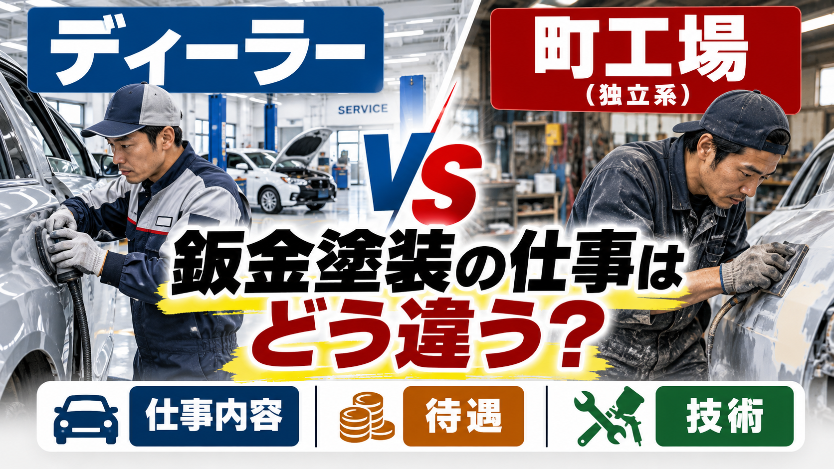 ディーラーと町工場で鈑金塗装の仕事はどう違う？【転職前に知りたい待遇と技術の差も解説】