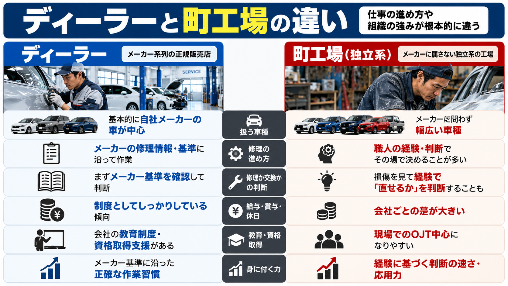 ディーラーと町工場の鈑金塗装の違いを比較した図解