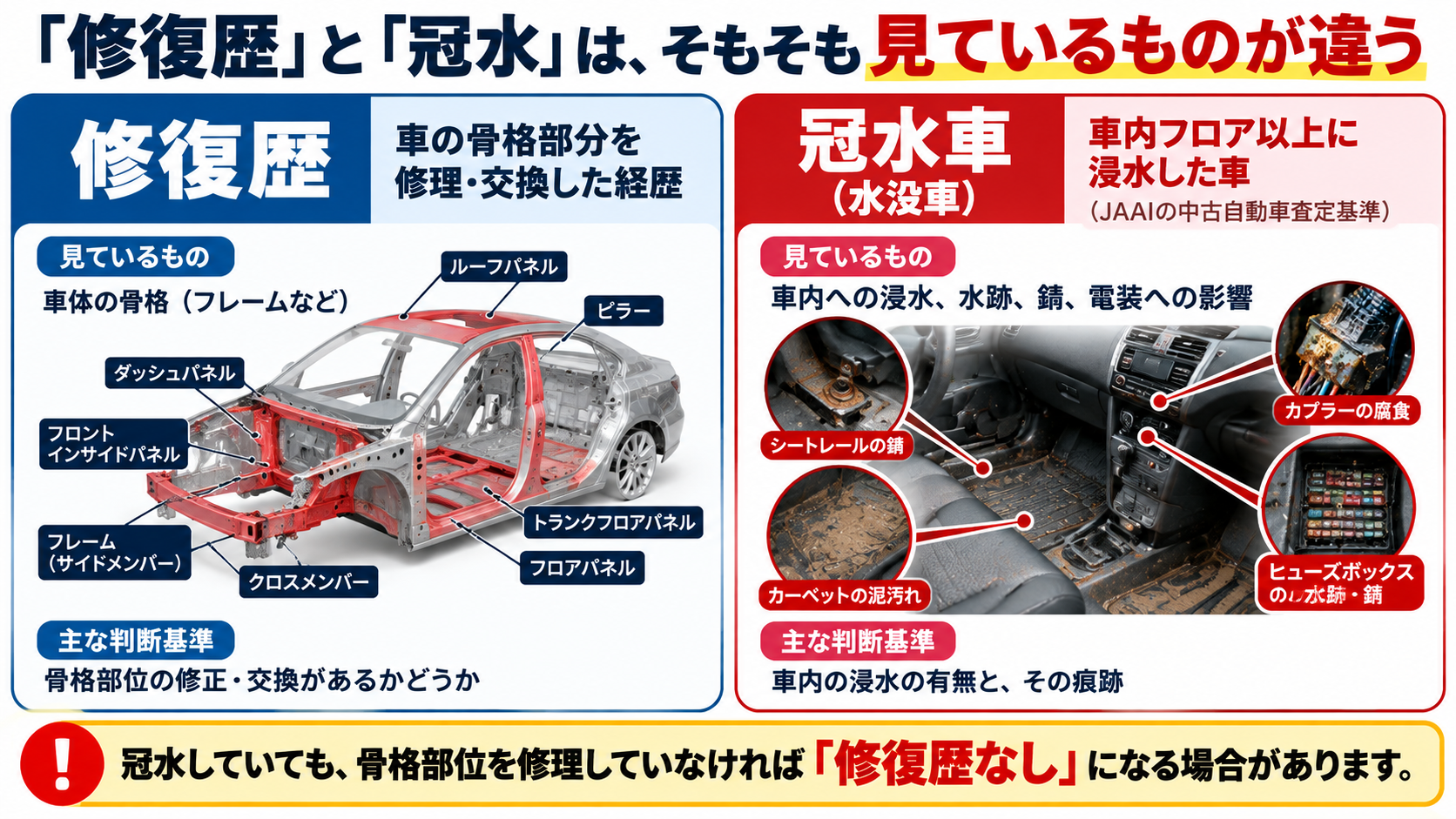 修復歴と冠水車の違いを比較した図解