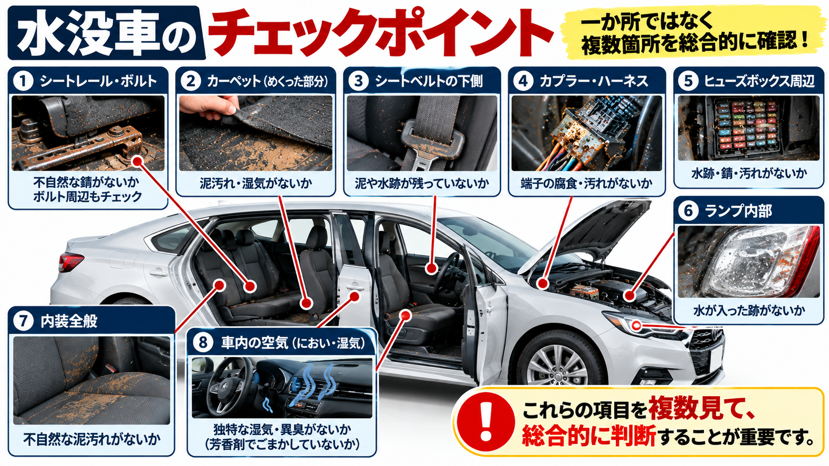水没車を見分けるための車内・電装系チェックポイント