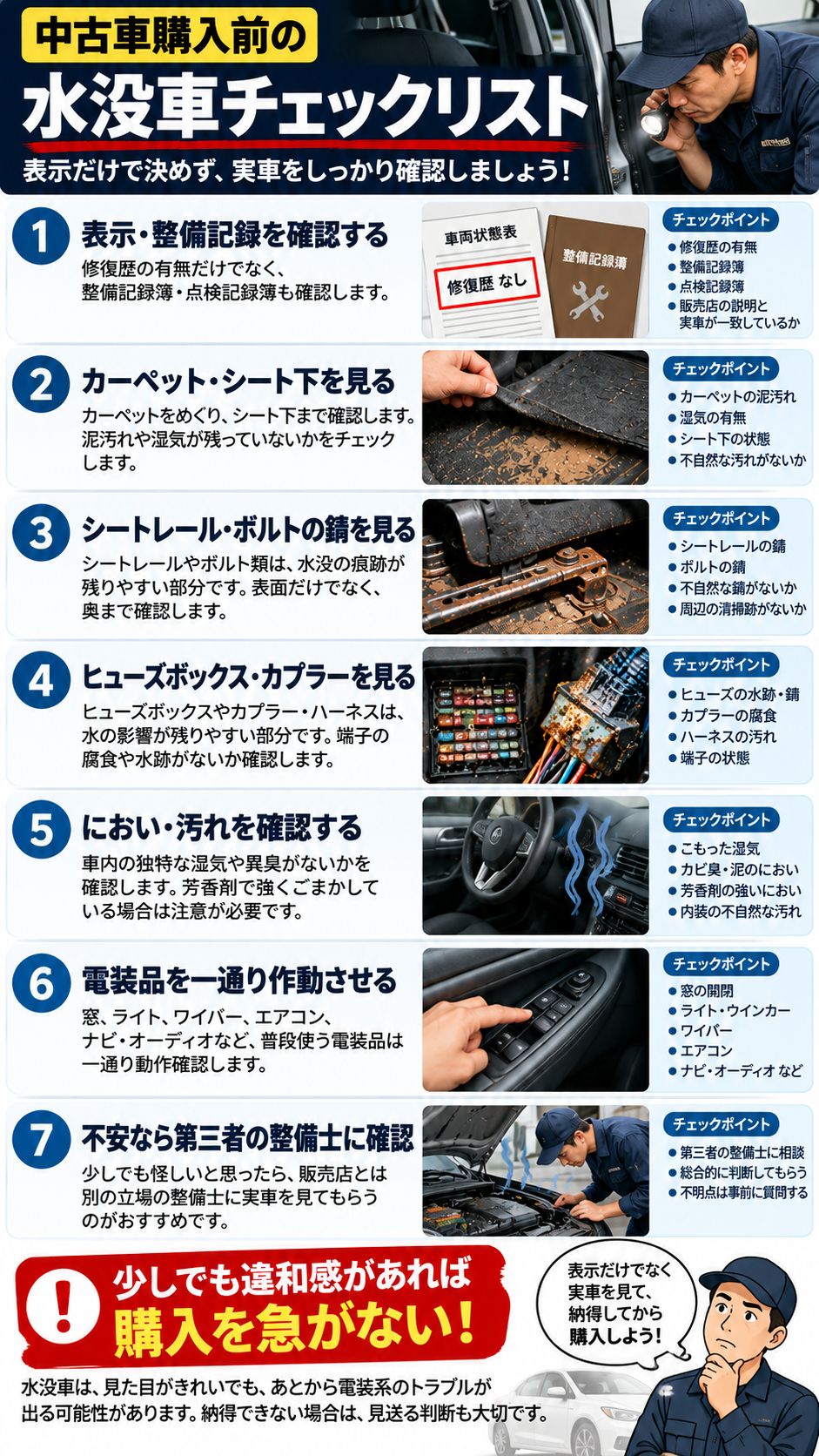 中古車購入前に確認したい水没車チェックリスト