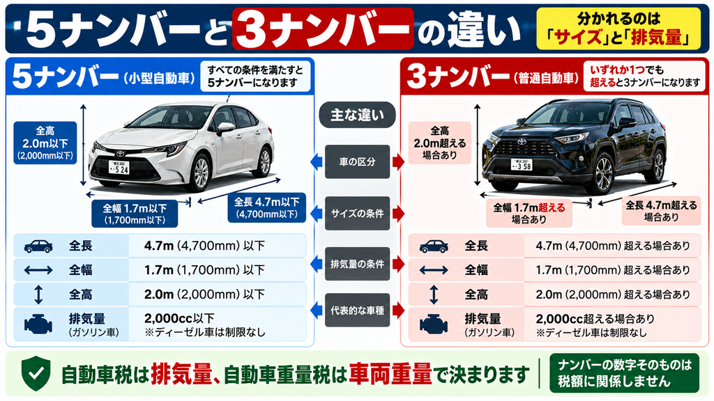 5ナンバーと3ナンバーのサイズと排気量の違いを比較した図解