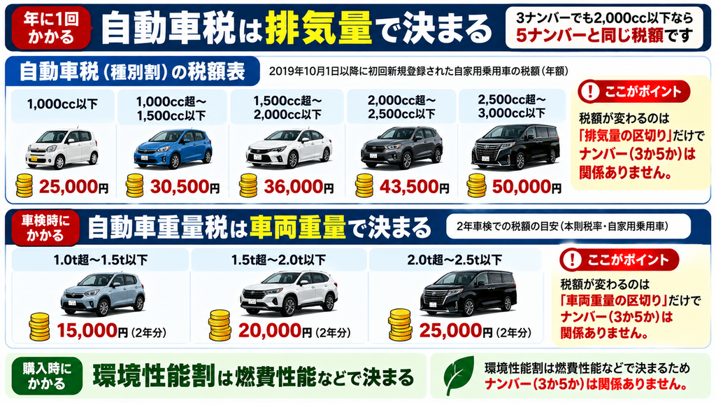 自動車税は排気量、自動車重量税は車両重量で決まることを示した図解