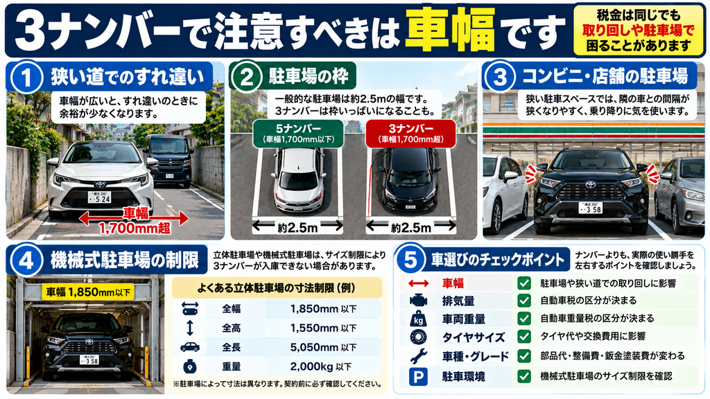 3ナンバー車の車幅による狭い道や駐車場での注意点を示した図解