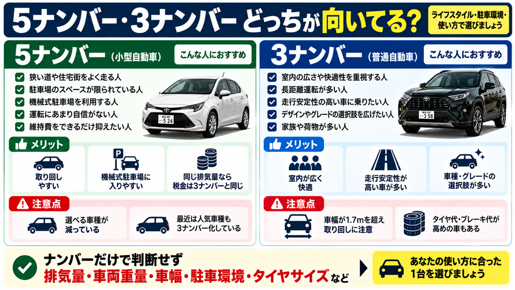 5ナンバーと3ナンバーが向いている人を比較した車選びの図解